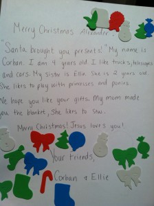 Christmas letter to a sponsored child