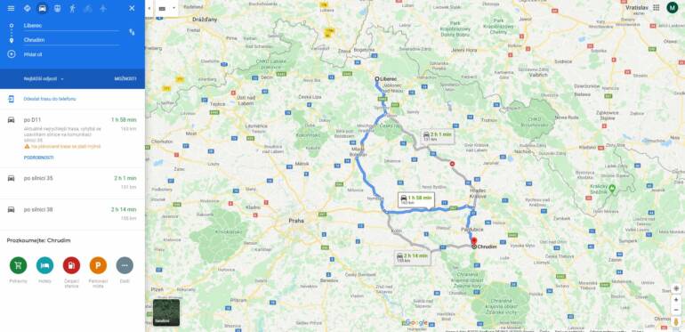 Plán trasy z Liberce do Chrudimi na google maps