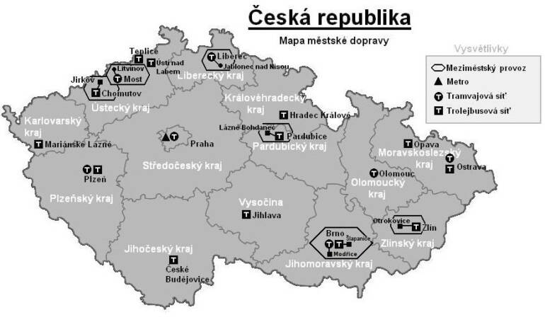 Mapa městské dopravy v České republice