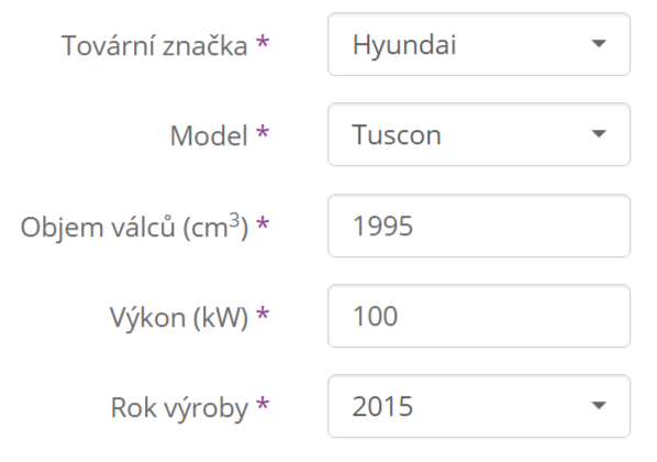 Kalkulačka havarijního pojištění - údaje o vozidle