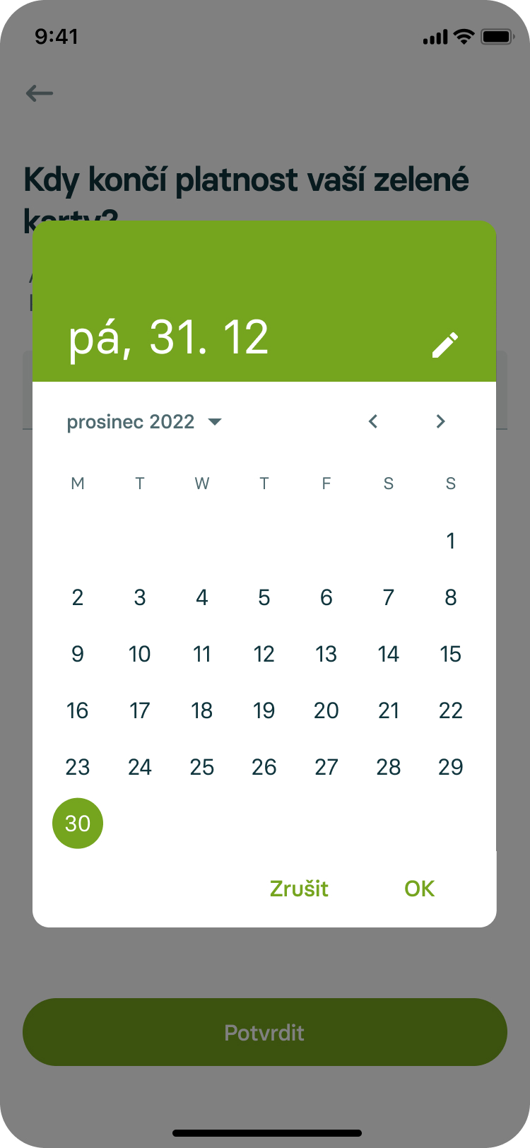 mobilní aplikace zelená karta nastavení platnosti