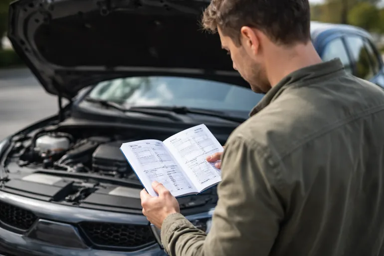 Muž kontroluje servisní knížku u auta