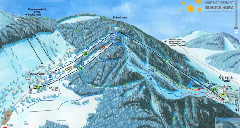 Ski Buková hora vznikla spojením dvou areálů - Ski Červená Voda a Čenkovice.