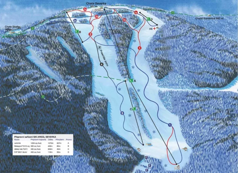 Mapa sjezdových tratí v areálu Ski Severka.