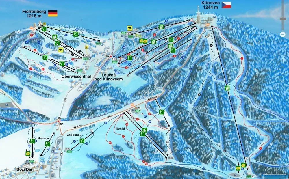 Ski areál Klínovec nabízí více než 30 km propojených sjezdovek.