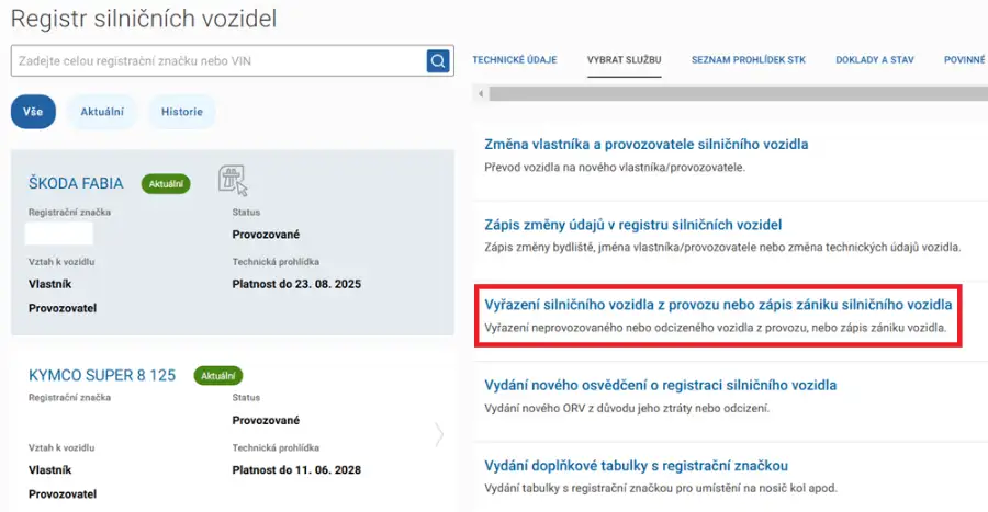 Žádost o vyřazení vozidla z provozu v Portálu dopravy