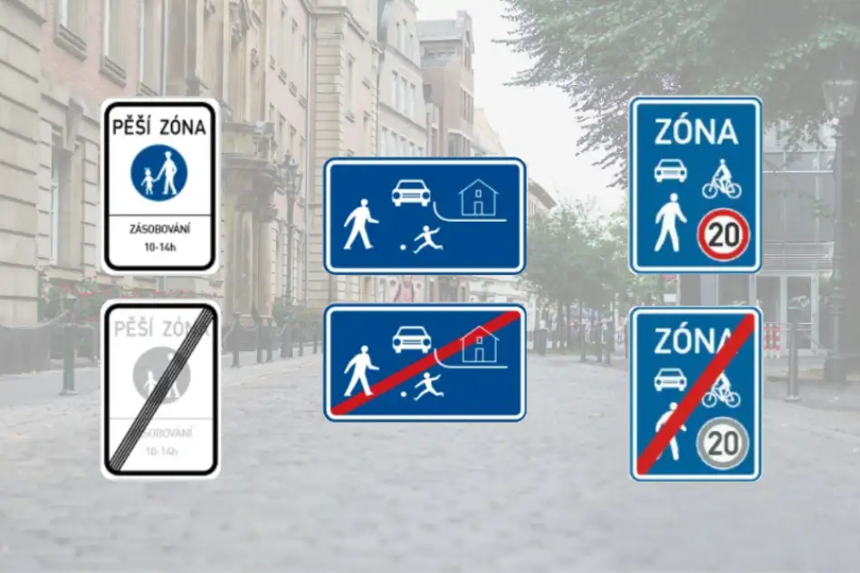 Dopravní značky (zleva): pěší, obytná a sdílená zóna