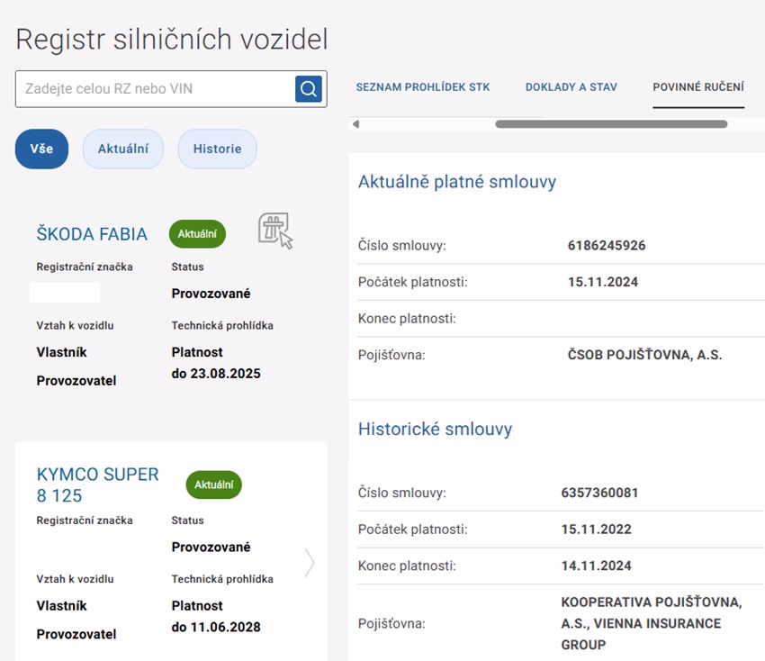 Kontrola platnosti pojištění přes Portál dopravy