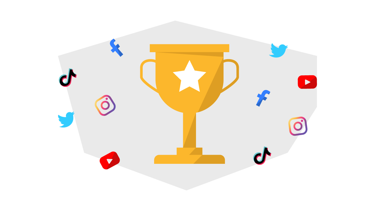 a trophy surrounded by social media icons