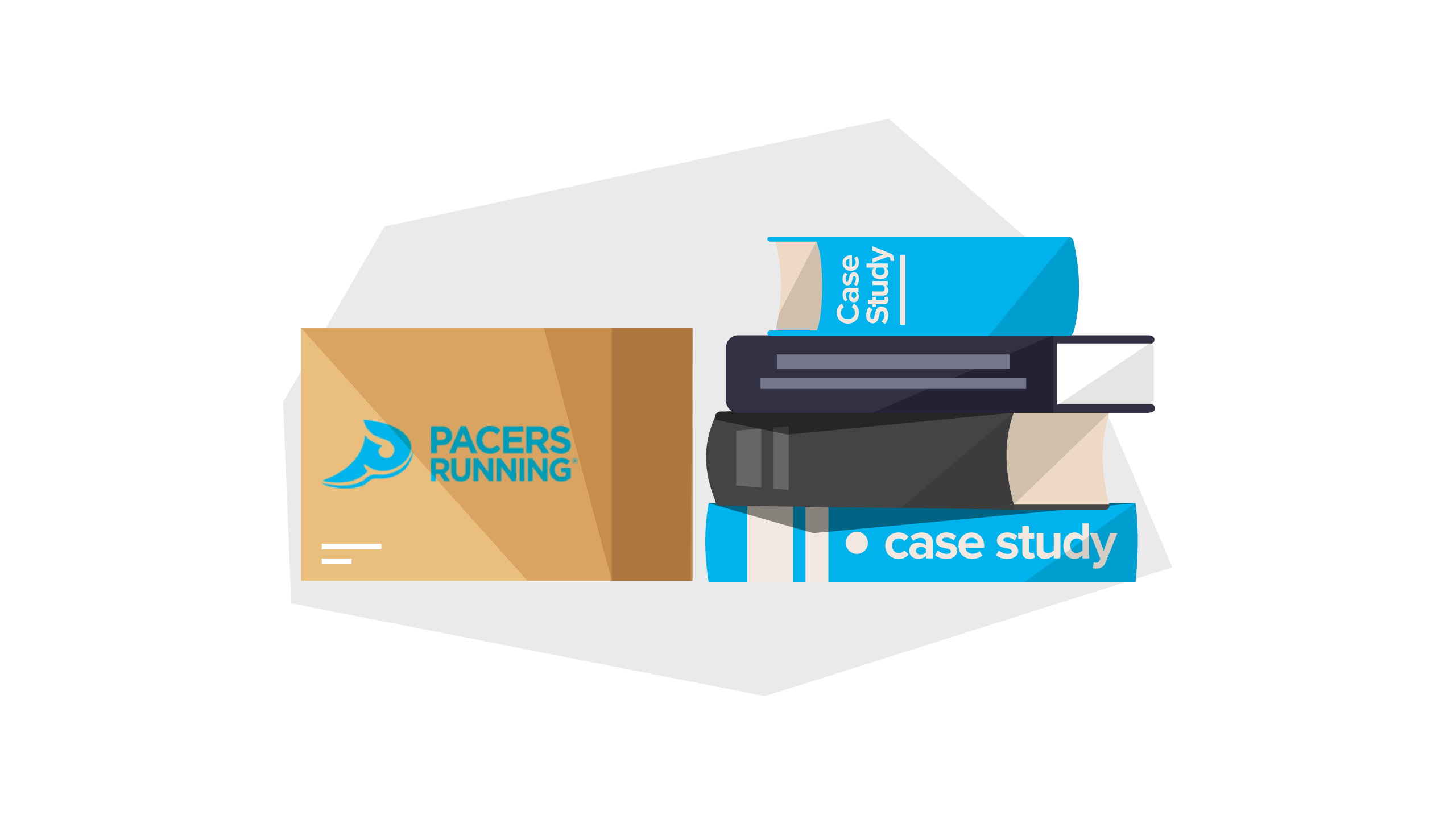 a box that says "pacers running" and a stack of books that say "case study"