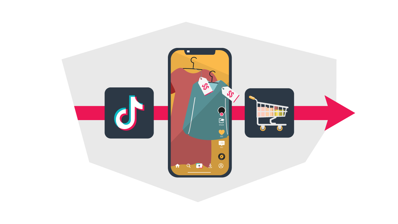 A mobile phone with a tiktok logo and a shopping cart