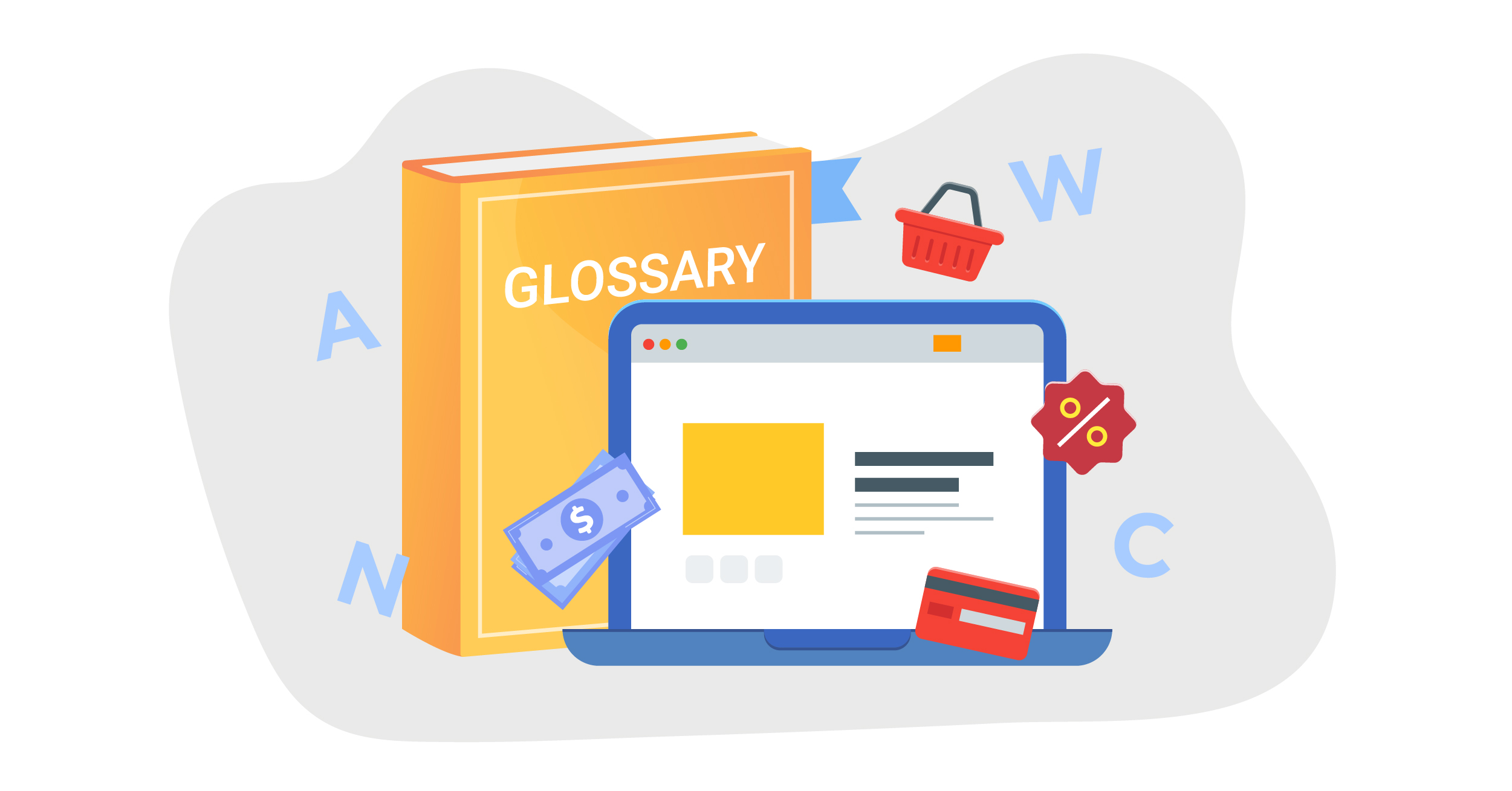 a glossary next to a laptop displaying an ecommerce website