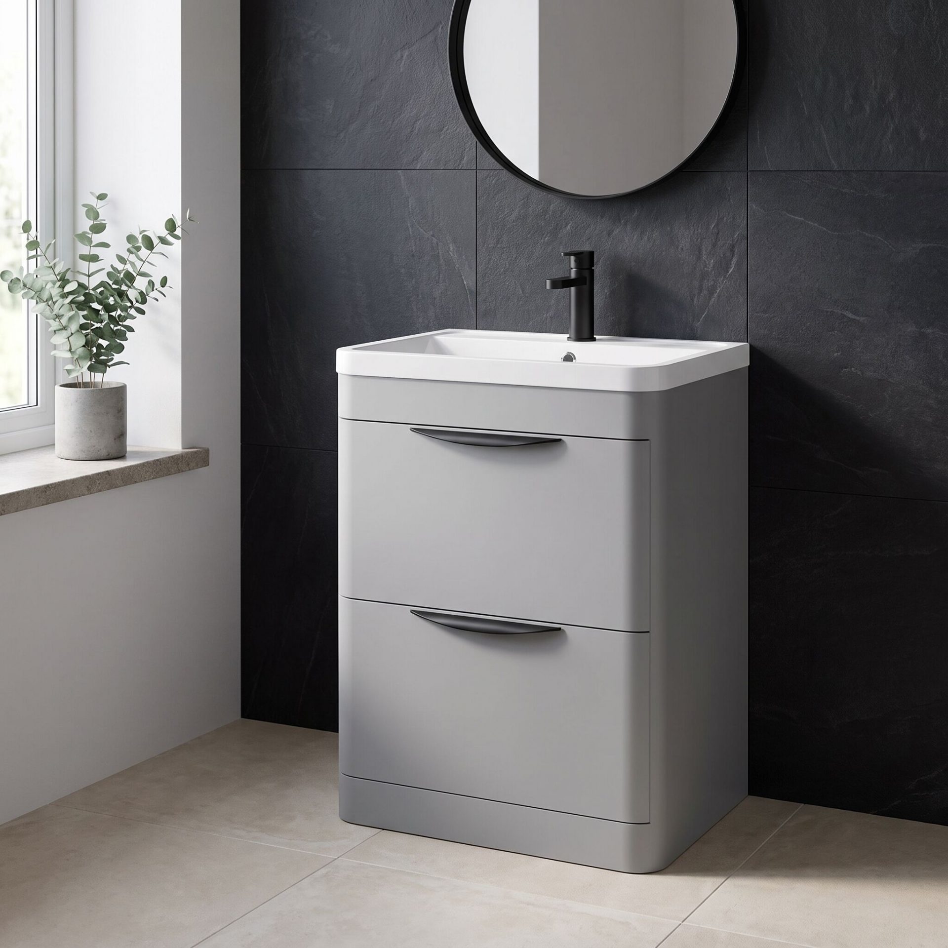 Nuie Parade 600mm 2 Drawer Floorstanding Vanity Unit & Polymarble Basin – Satin Grey