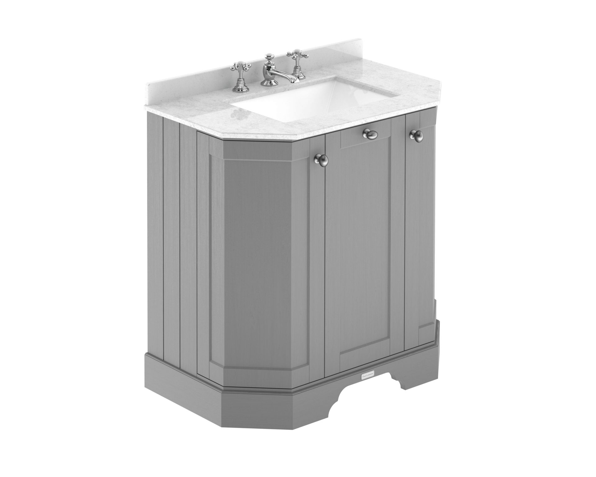 Old London 750mm 3 Door Floor Standing Angled Vanity Unit & White Marble Basin – Storm Grey