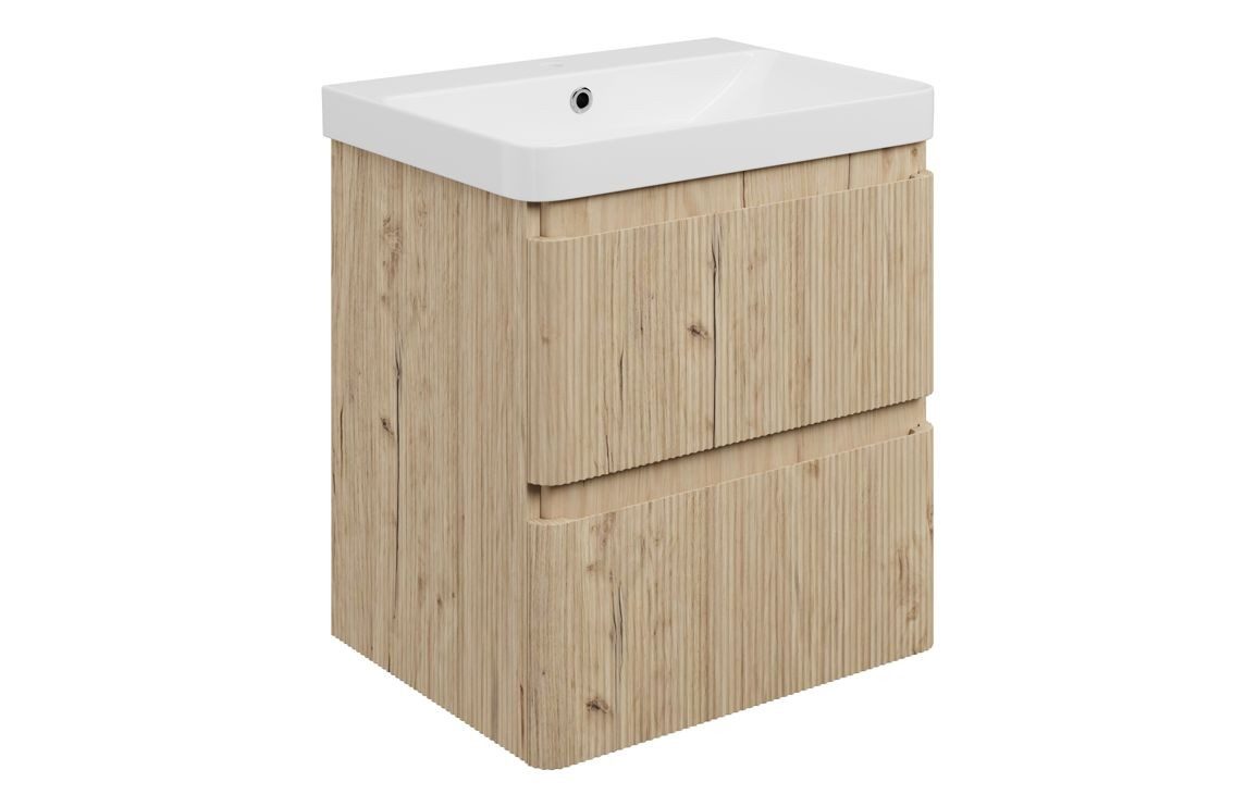 MyBathrooms Clara Fluted 605mm 2 Drawer Wall Hung Unit & 1TH Basin – Textured Oak