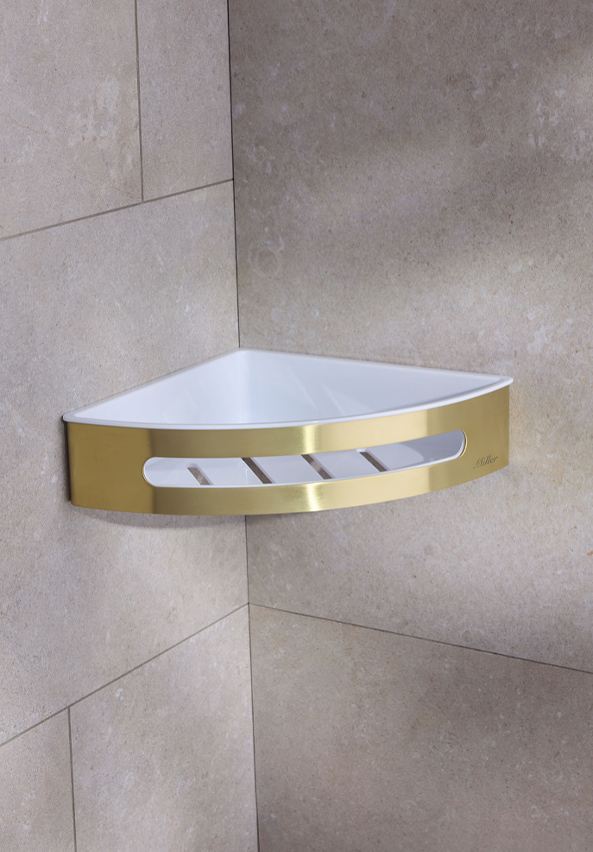 Miller Signature Corner Shower Basket with White Liner – Brushed Brass