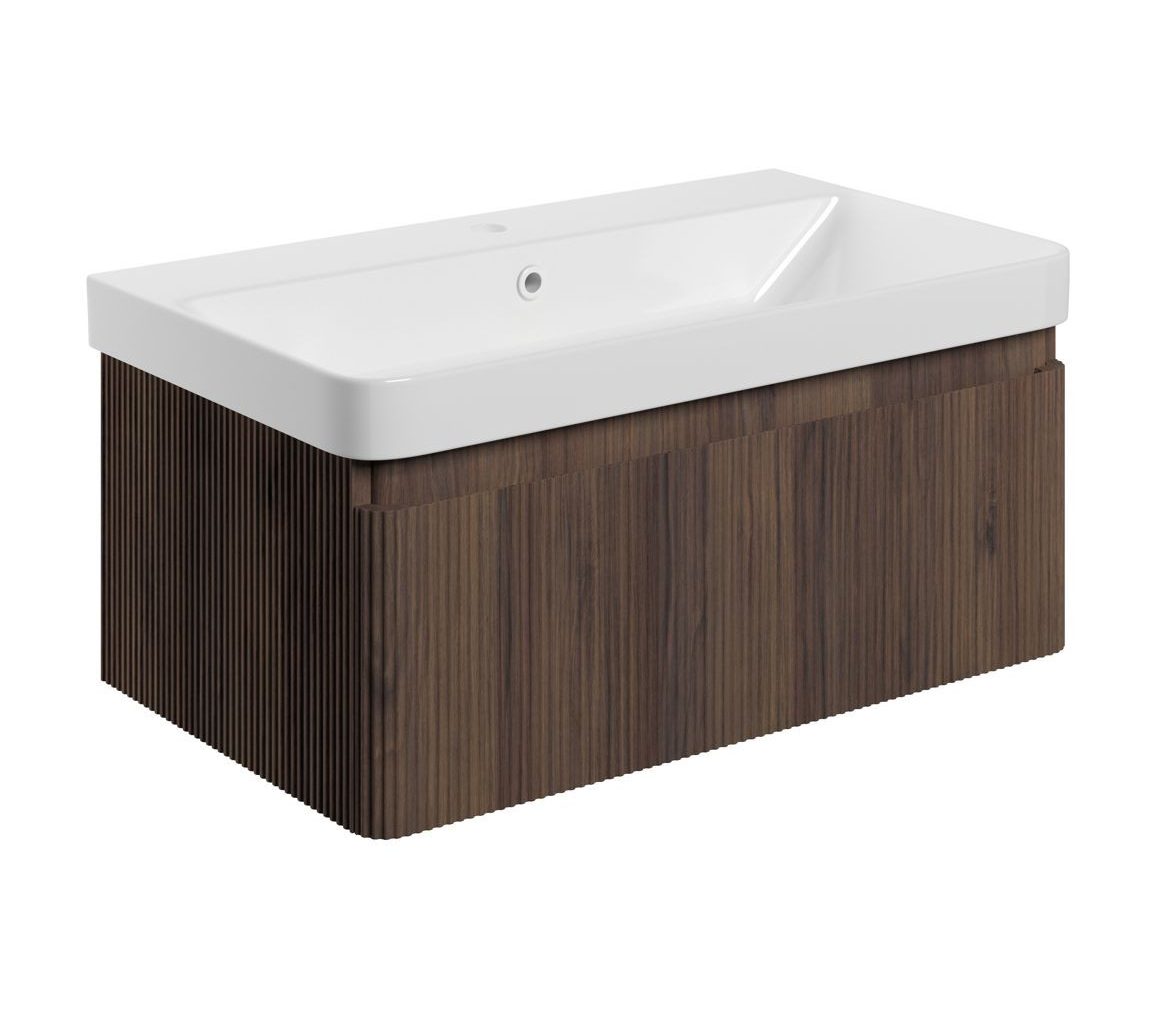 MyBathrooms Clara Fluted 805mm 1 Drawer Wall Hung Unit & Basin – Textured Walnut
