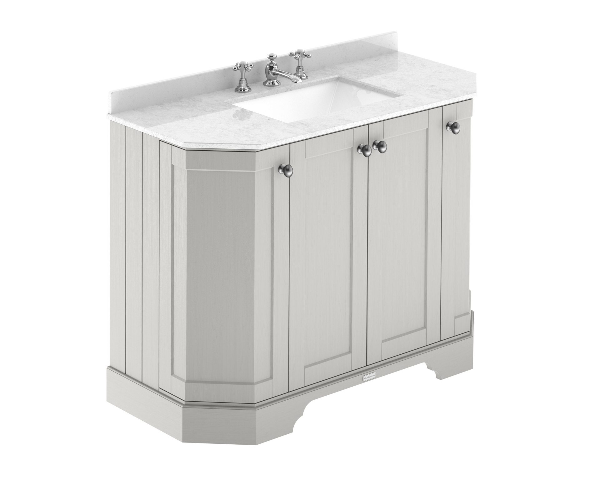 Old London 1000mm 4 Door Floor Standing Angled Vanity Unit & White Marble Basin – Timeless Sand – 3 Tap Holes