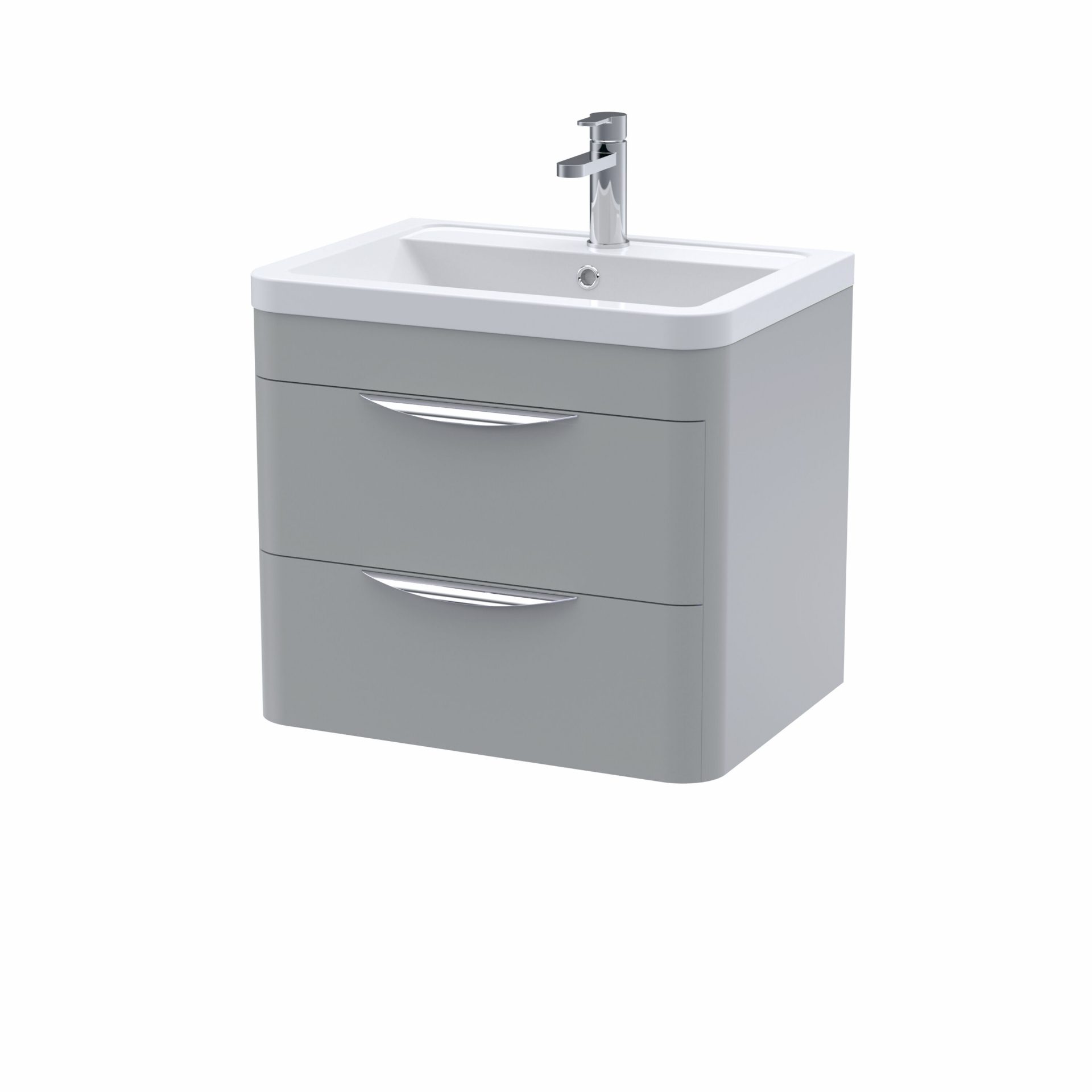 Nuie Parade 600mm 2 Drawer Wall Hung Vanity Unit & Ceramic Basin – Satin Grey
