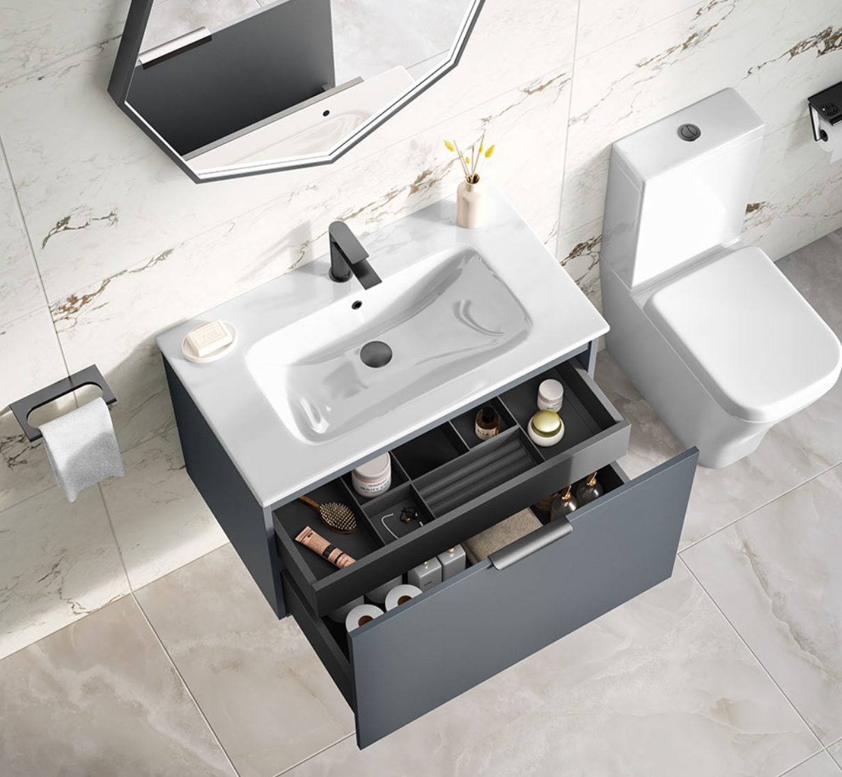 MyLife Keva 800mm 1 Drawer Wall Mounted Unit & Ceramic Basin – White Gloss