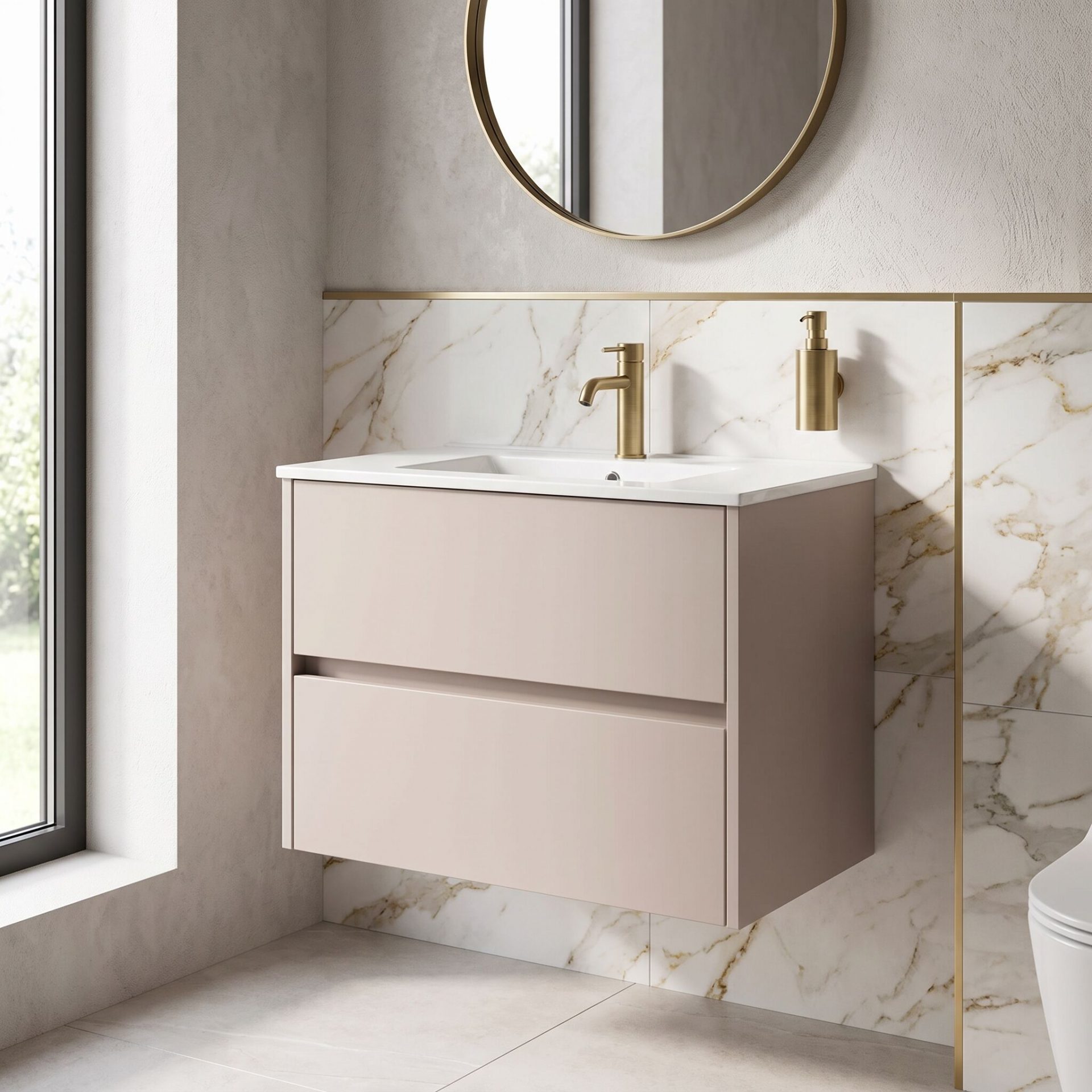 Nuie Havana 800mm 2 Drawer Wall Hung Unit & Minimalist Basin – Soft Linen