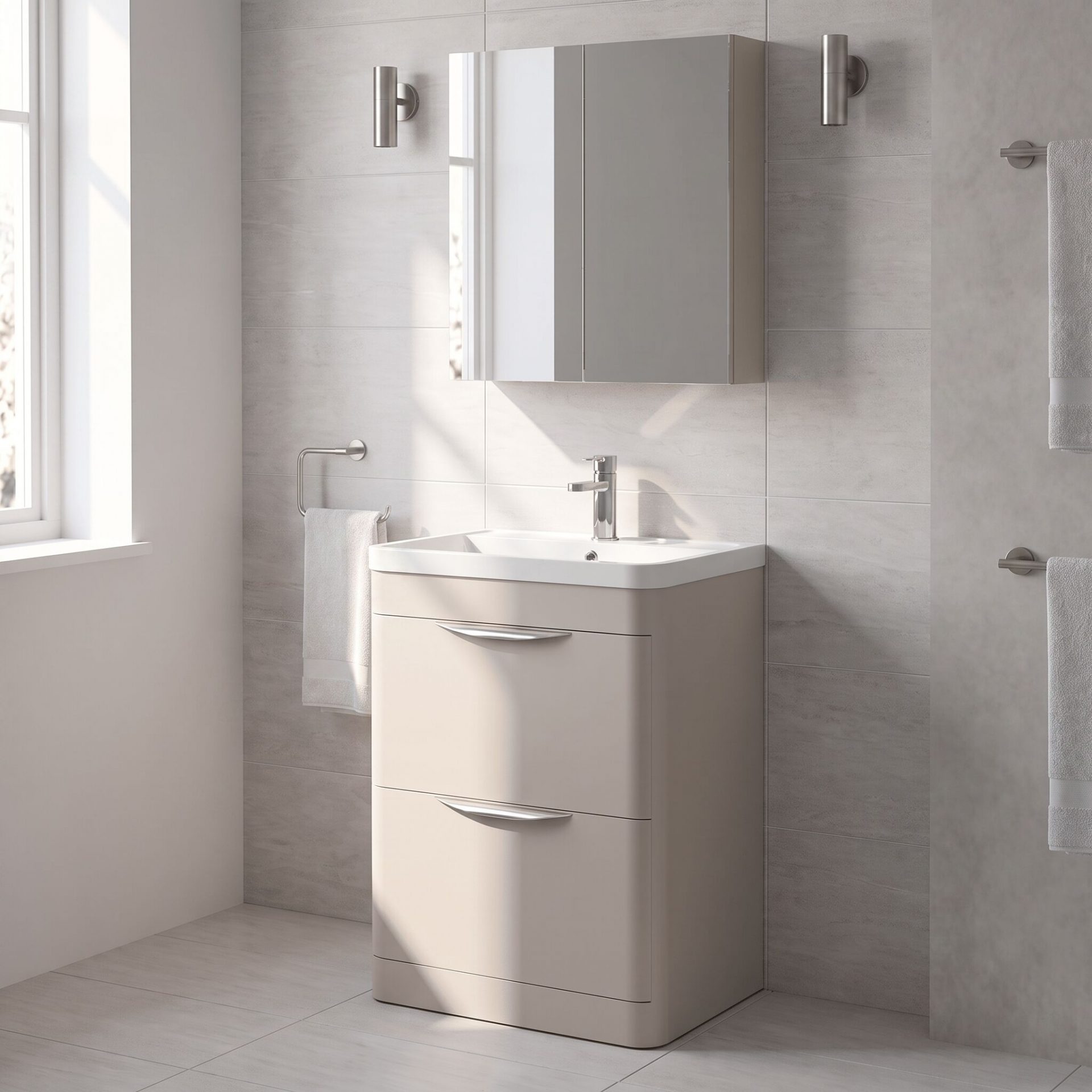 Nuie Parade 600mm 2 Drawer Floorstanding Vanity Unit & Polymarble Basin – Pebble Grey