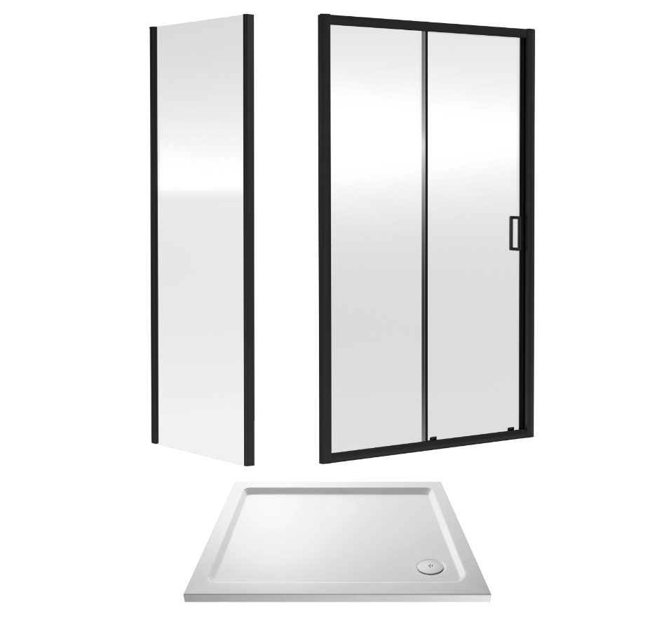 1000 x 800mm Matt Black Single Sliding Door Shower Enclosure With White Tray