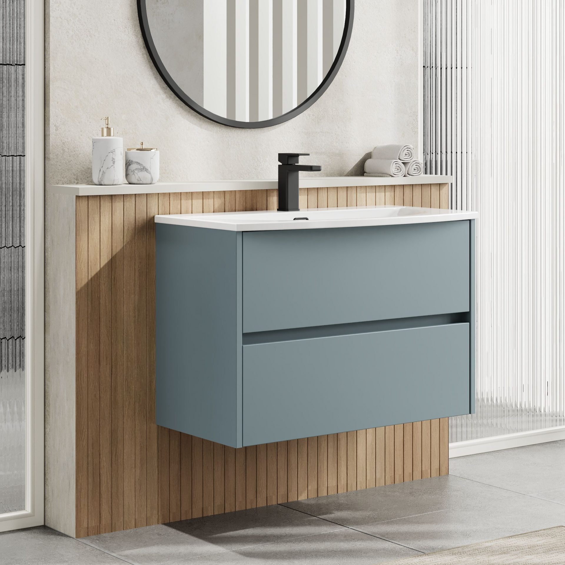 Nuie Havana 800mm 2 Drawer Wall Hung Unit & Curved Basin – Coastal Grey