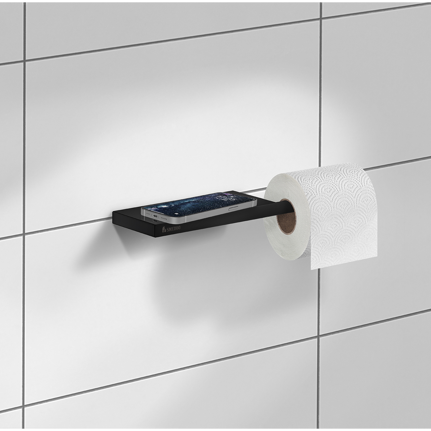Smedbo Outline Toilet Roll Holder with Shelf – Matt Black