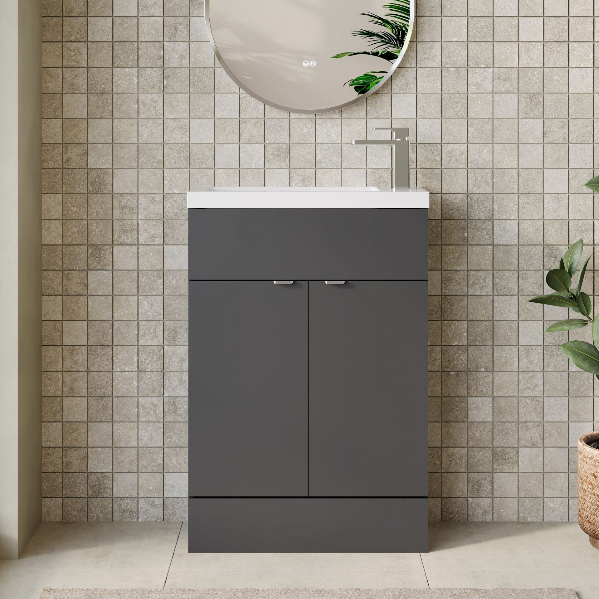 Hudson Reed Fusion Slimline 600mm 2 Door Floor Standing Vanity Unit – Gloss Grey