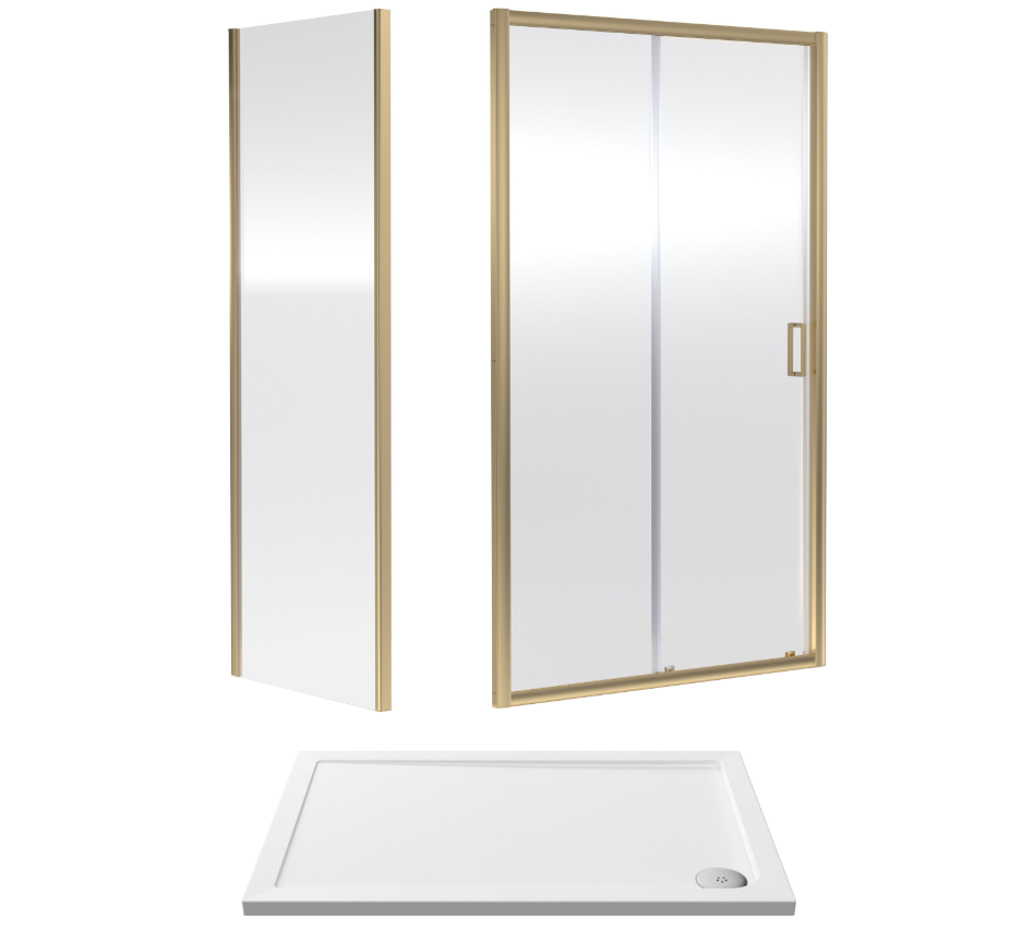 1200 x 800mm Brushed Brass Single Sliding Shower Enclosure With White Tray