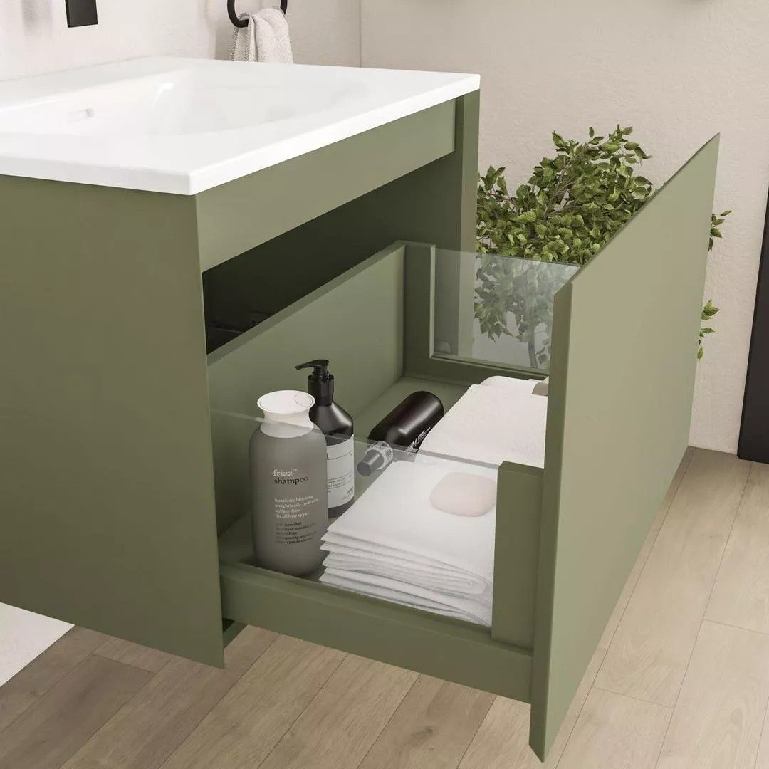 Eastbrook Badbury 600mm 1 Drawer Wall Hung Unit & Basin – Savannah Green