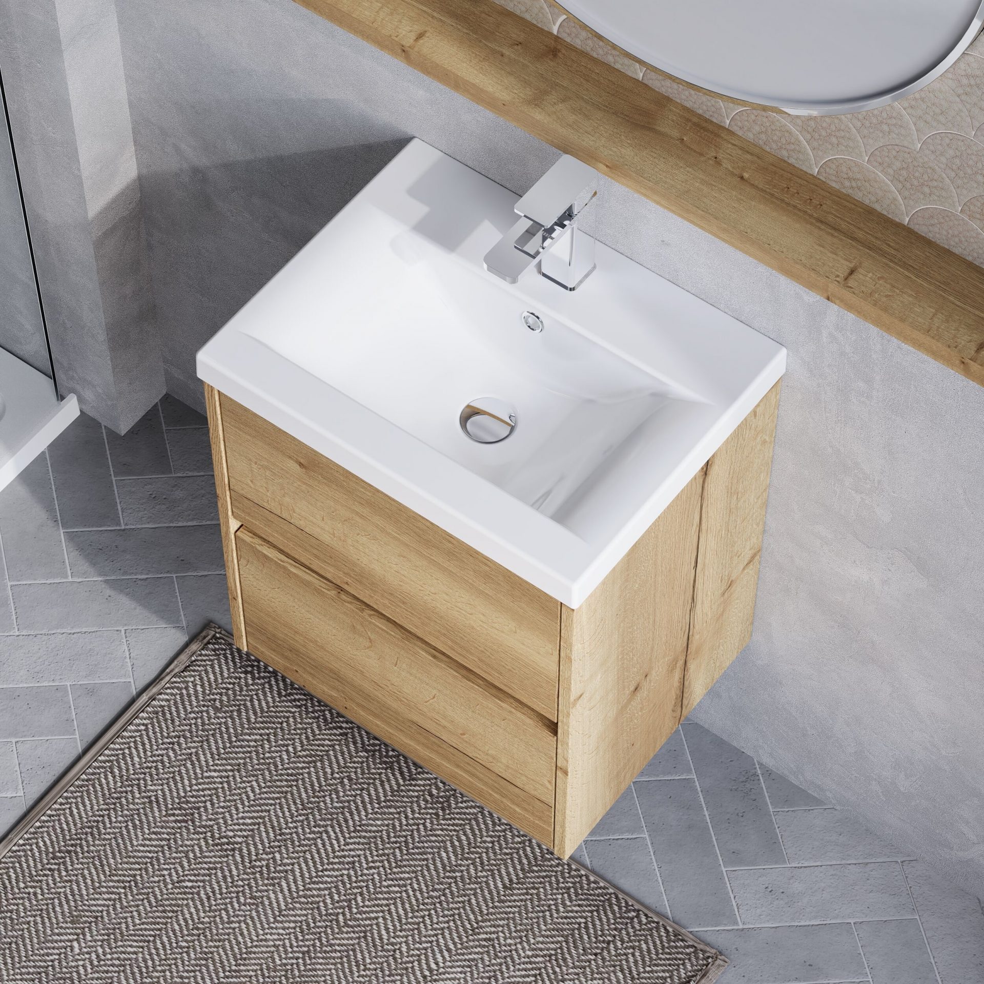 Nuie Havana 500mm 2 Drawer Wall Hung Unit & Mid Edge Basin – Autumn Oak