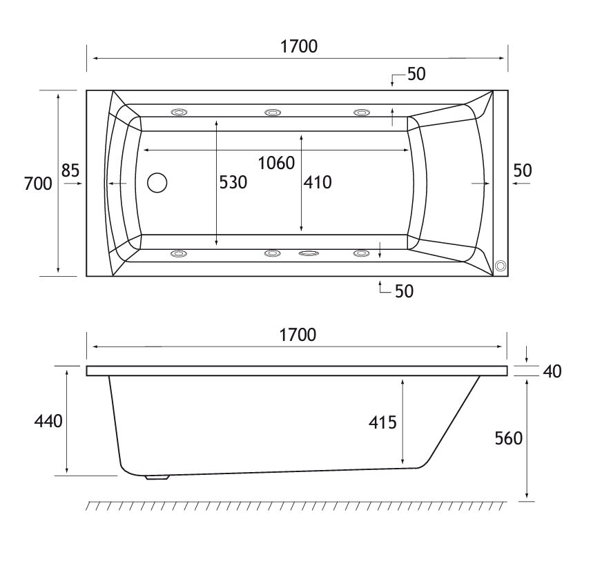 Eastbrook Ultra Strong Beauforte Rockall Single Ended 6 Jet Whirlpool Bath 1700x700x440mm – Chrome
