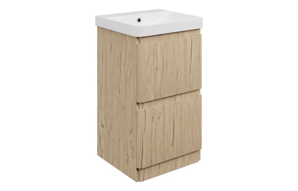 MyBathrooms Clara Fluted 500mm 2 Drawer Floorstanding Unit & 1TH Basin – Textured Oak