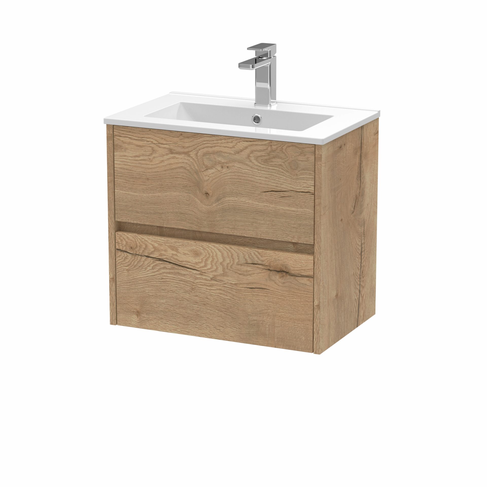 Nuie Havana 600mm 2 Drawer Wall Hung Unit & Minimalist Basin – Autumn Oak