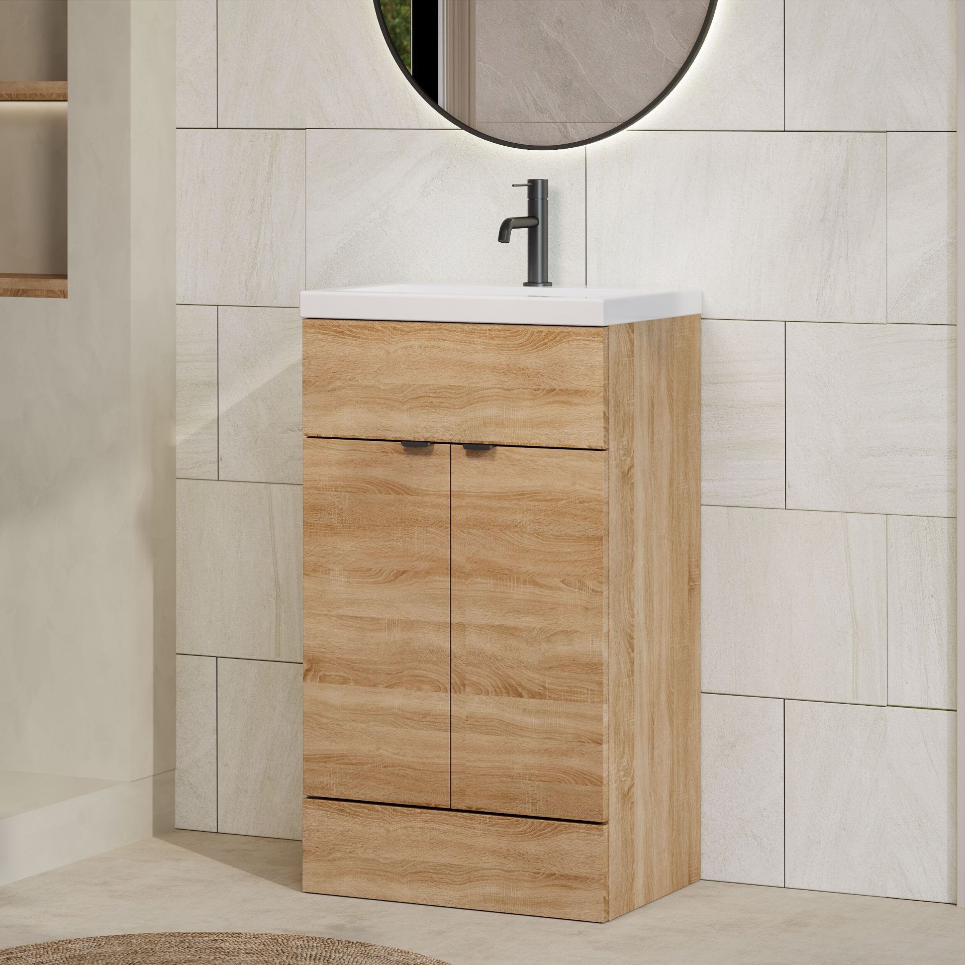Hudson Reed Fusion Full Depth 500mm 2 Door Floor Standing Vanity Unit – Bleached Oak