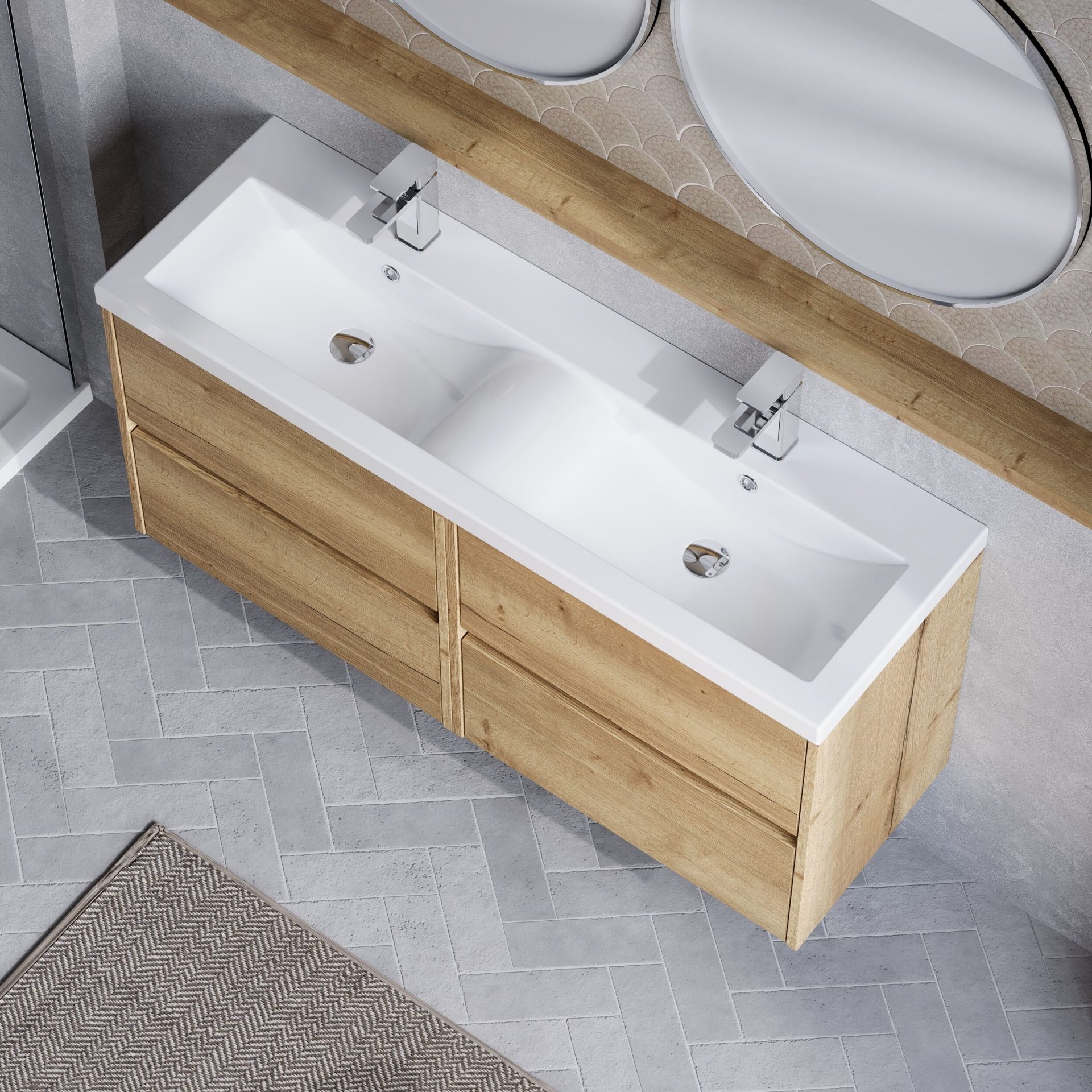 Nuie Havana 1200mm 4 Drawer Wall Hung Unit & Twin Ceramic Basin – Autumn Oak