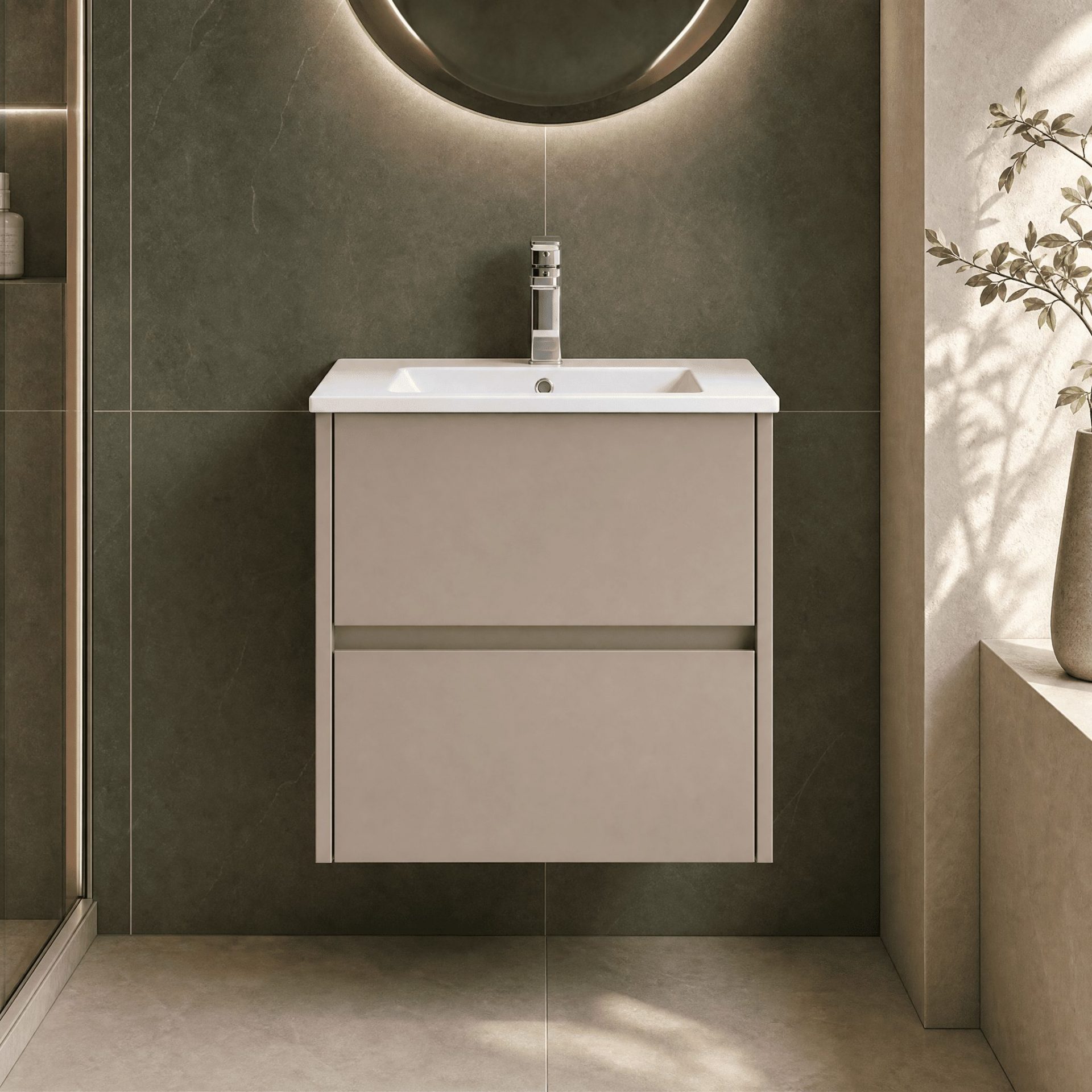 Nuie Havana 500mm 2 Drawer Wall Hung Unit & Mid Edge Basin – Soft Linen