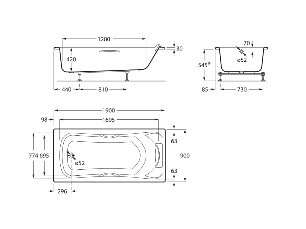 Roca BeCool 1900×900 Acrylic Bath with Chrome Grip & Headrest