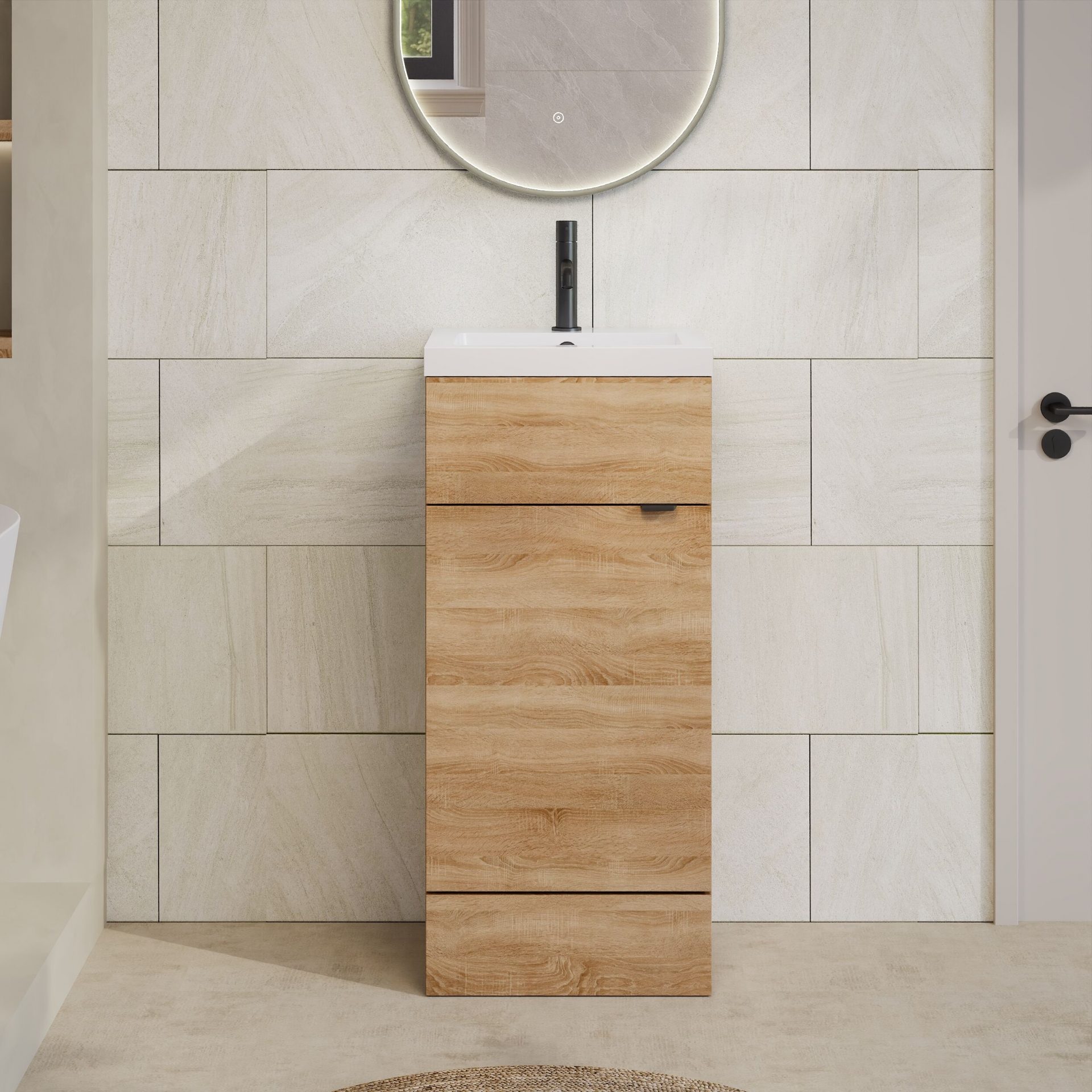 Hudson Reed Fusion Full Depth 400mm 1 Door Floor Standing Vanity Unit – Bleached Oak