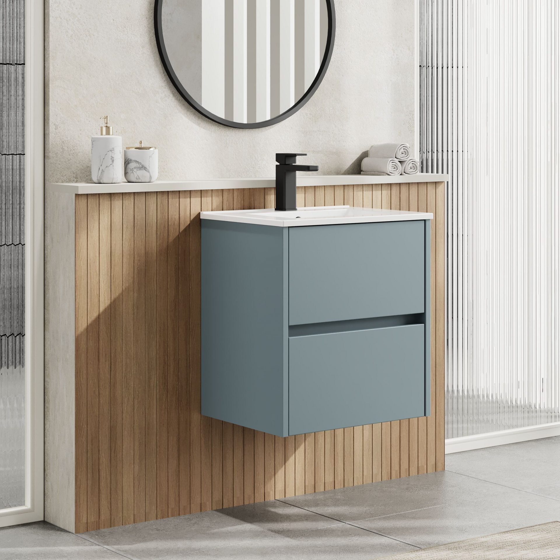 Nuie Havana 500mm 2 Drawer Wall Hung Unit & Minimalist Basin – Coastal Grey