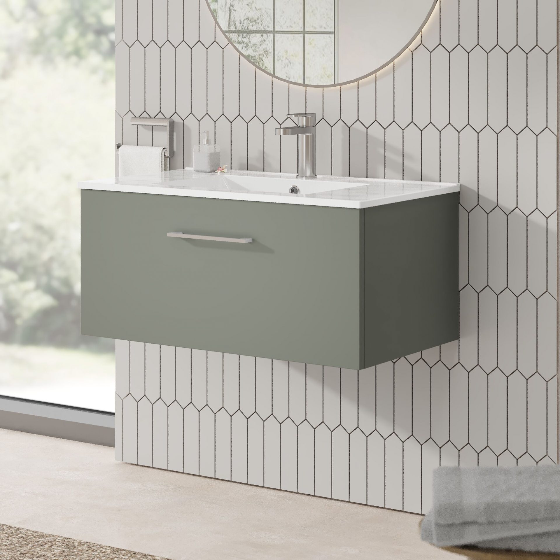 Nuie Lux Kivo 800mm 1 Drawer Wall Hung Vanity Unit – Fern Green