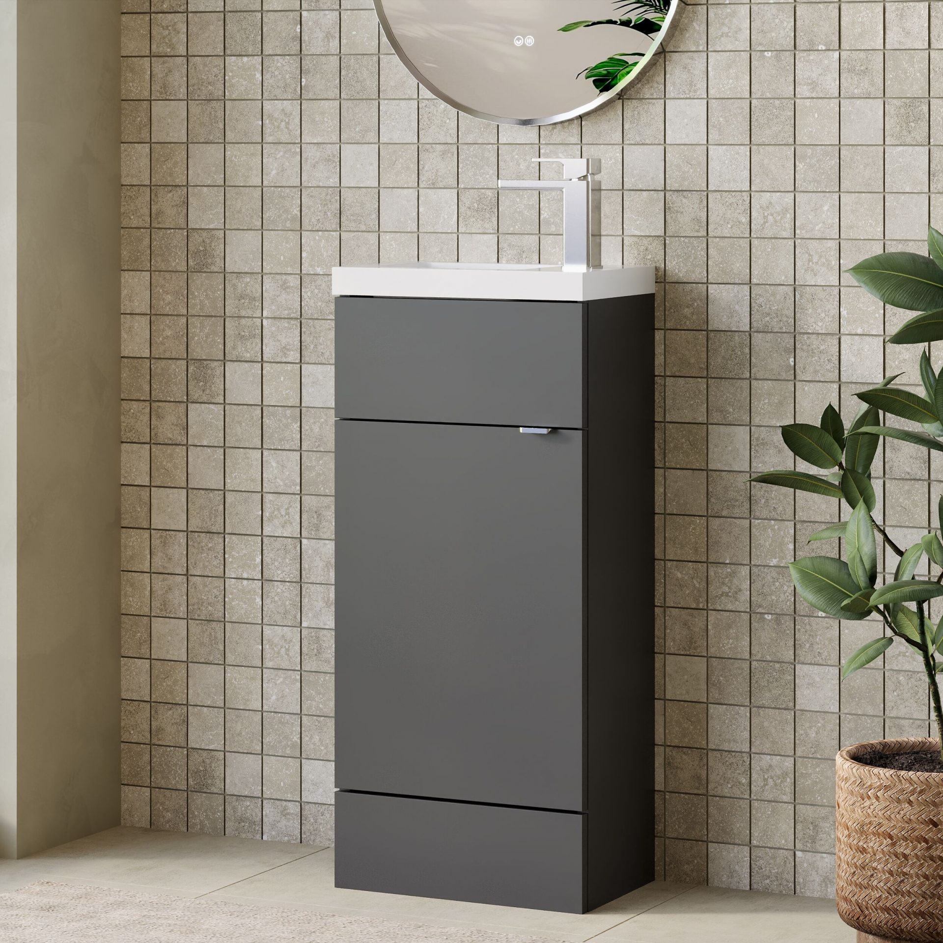Hudson Reed Fusion Slimline 400mm 1 Door Floor Standing Vanity Unit – Gloss Grey