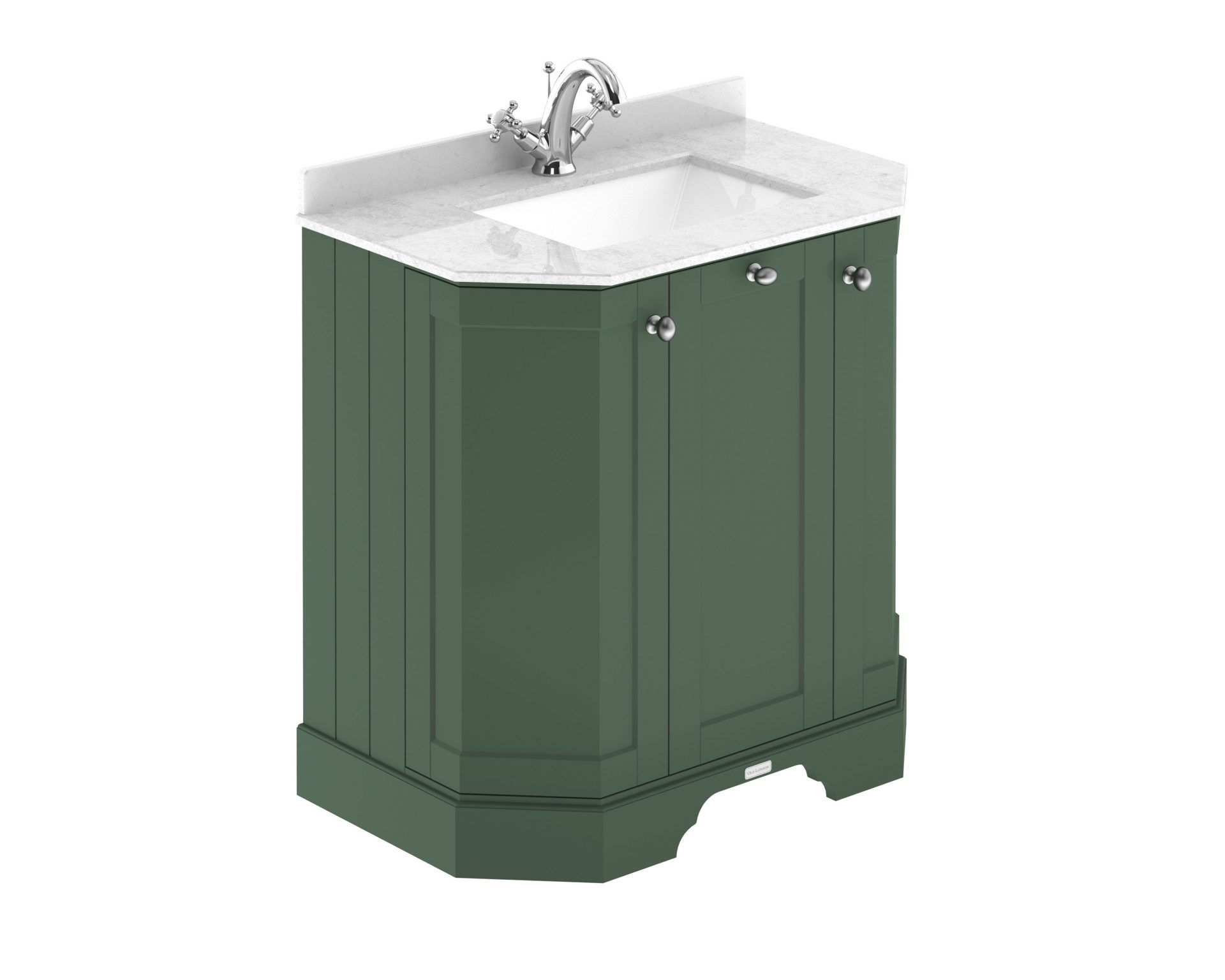 Old London 750mm 3 Door Floor Standing Angled Vanity Unit & White Marble Basin – Hunter Green