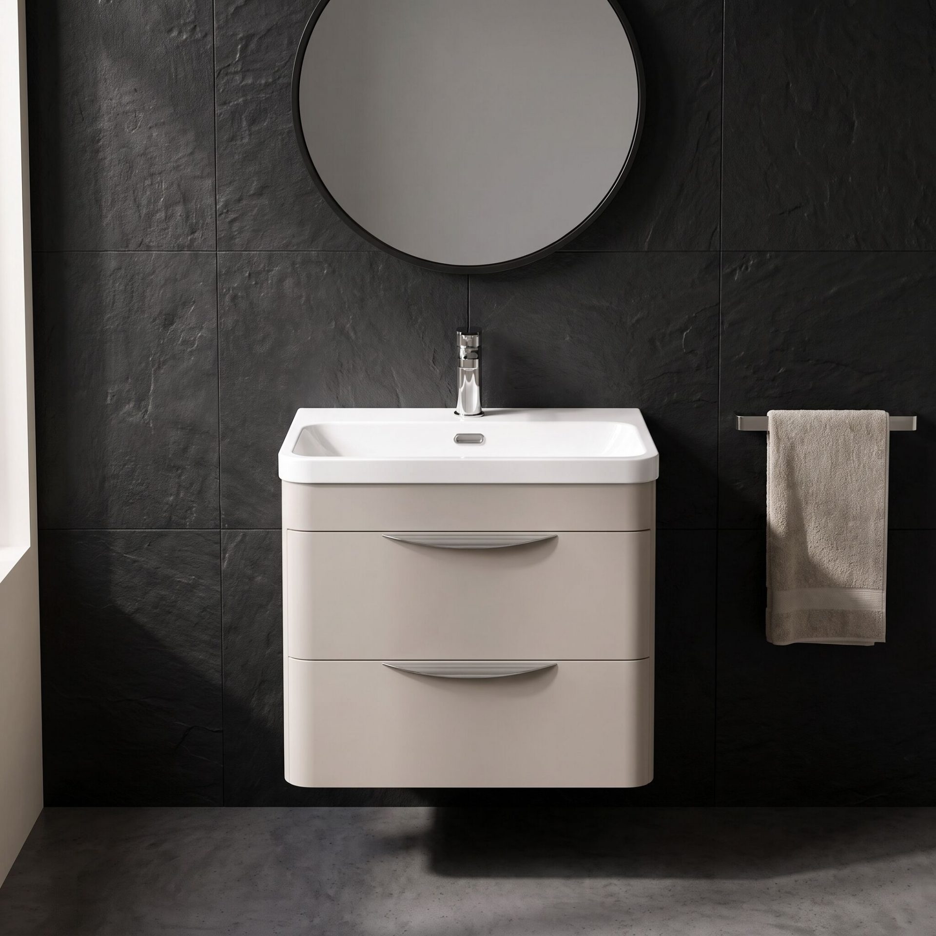 Nuie Parade 600mm 2 Drawer Wall Hung Vanity Unit & Thin-Edge Ceramic Basin – Pebble Grey