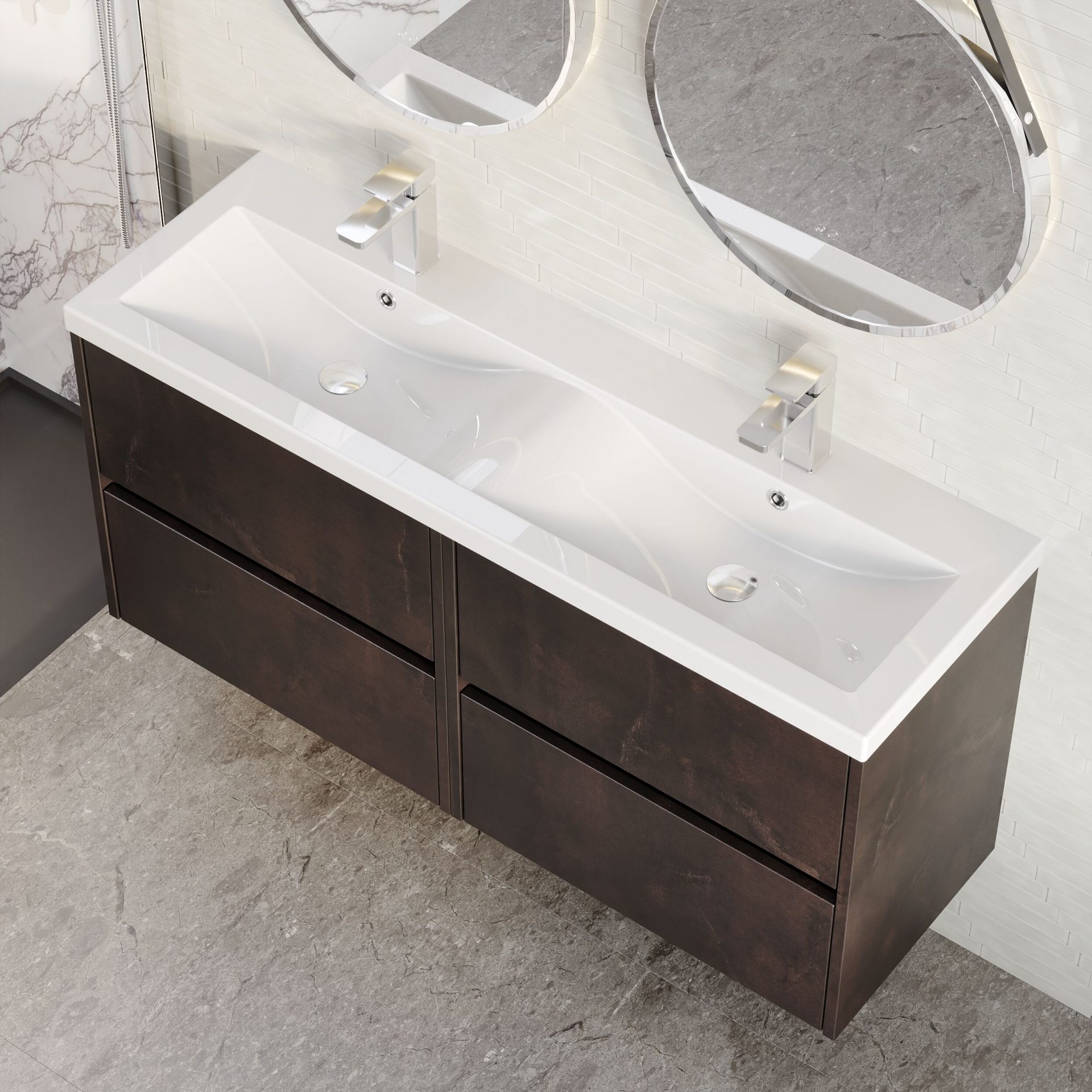 Nuie Havana 1200mm 4 Drawer Wall Hung Unit & Twin Ceramic Basin – Metallic Slate