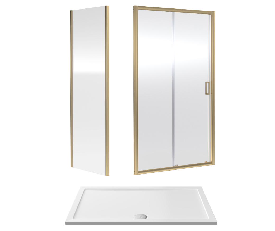 1400 x 800mm Brushed Brass Single Sliding Shower Enclosure With White Tray