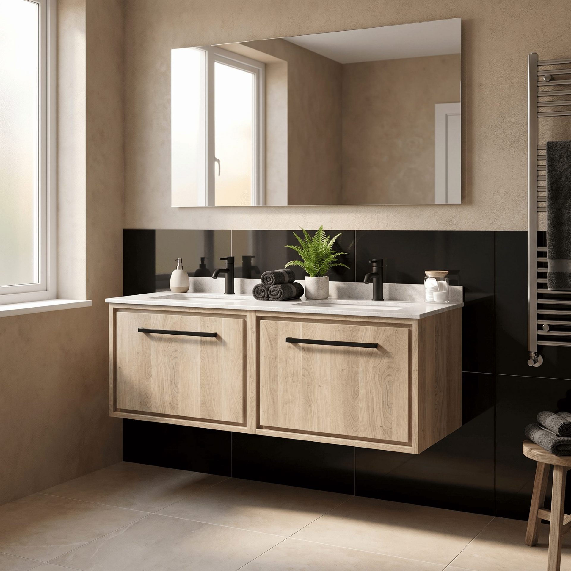 Hudson Reed Lille 1200mm 2 Drawer Wall Hung Vanity Unit & Double Basin – Bleached Oak