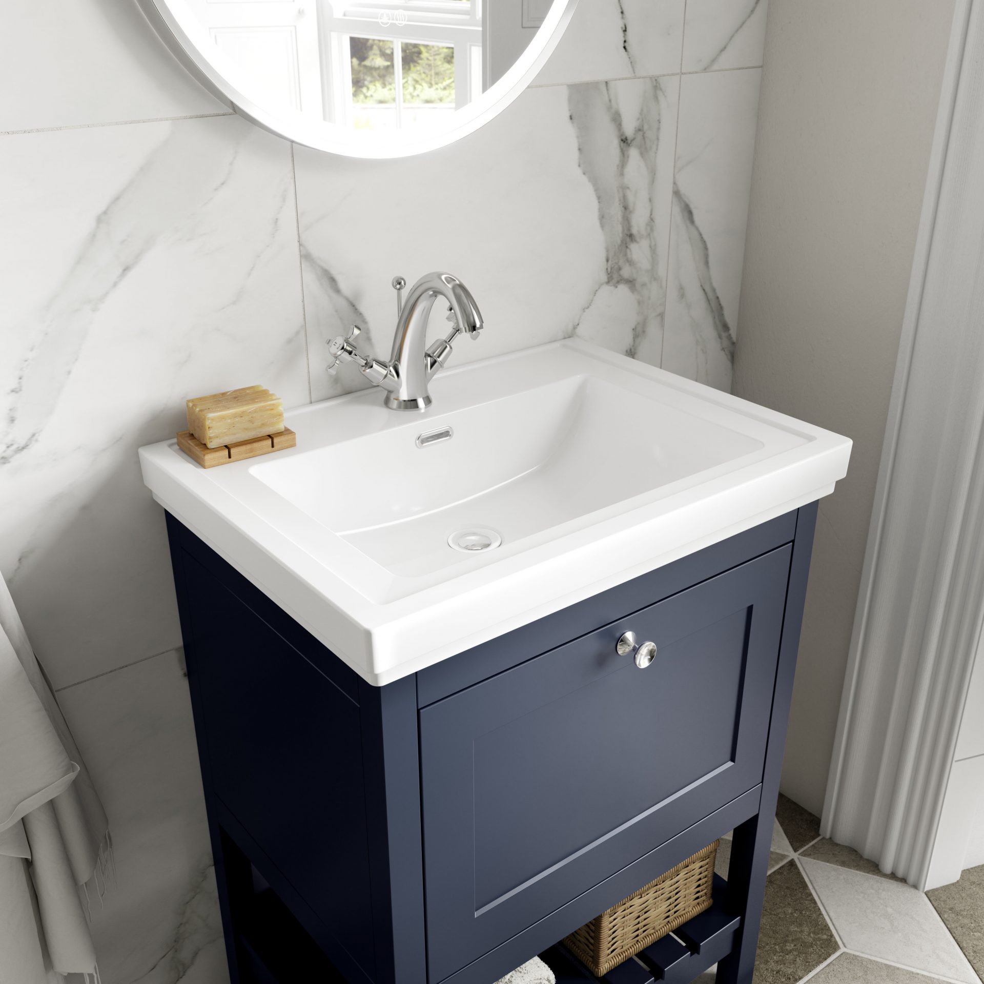 Old London Bexley 600mm 1 Drawer Floor Standing Vanity Unit & Basin – Indigo Blue